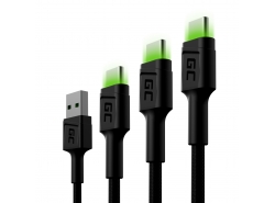 Set 3x Kabel USB-C Type C 30cm, 120cm, 200cm LED Green Cell Ray met snelladen, Ultra Charge, Quick Charge 3.0